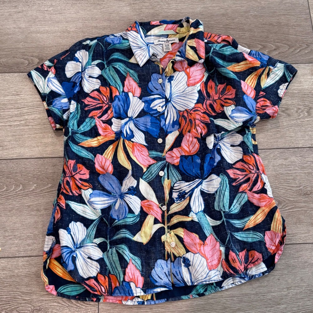 Tommy Bahama Linen Shirt Womens Medium Blue Floral Tropical Hibiscus Button Down